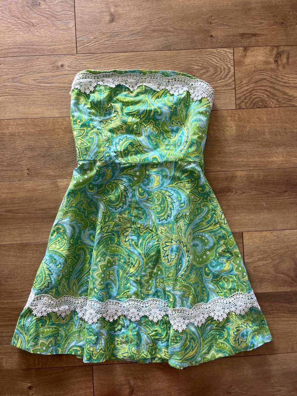Green Paisley Strapless Dress with White Lace Trim - Handmade